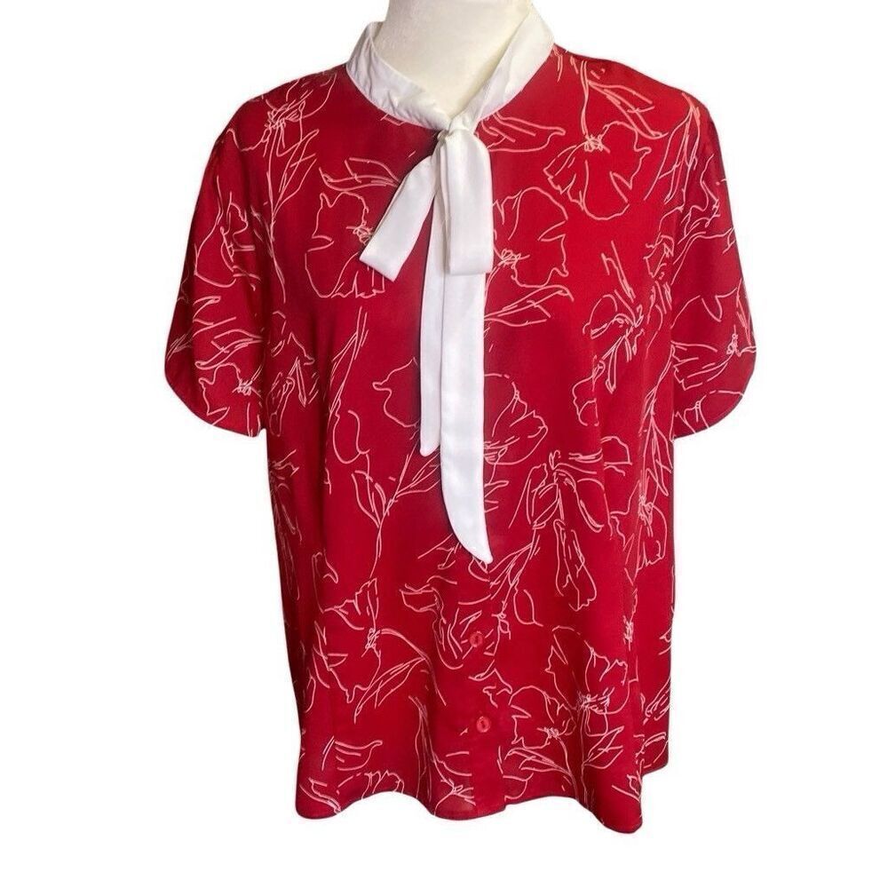 Unique Vintage Women's Top Red Floaral Button Up  Tie Neck Blouse Size 16 1X